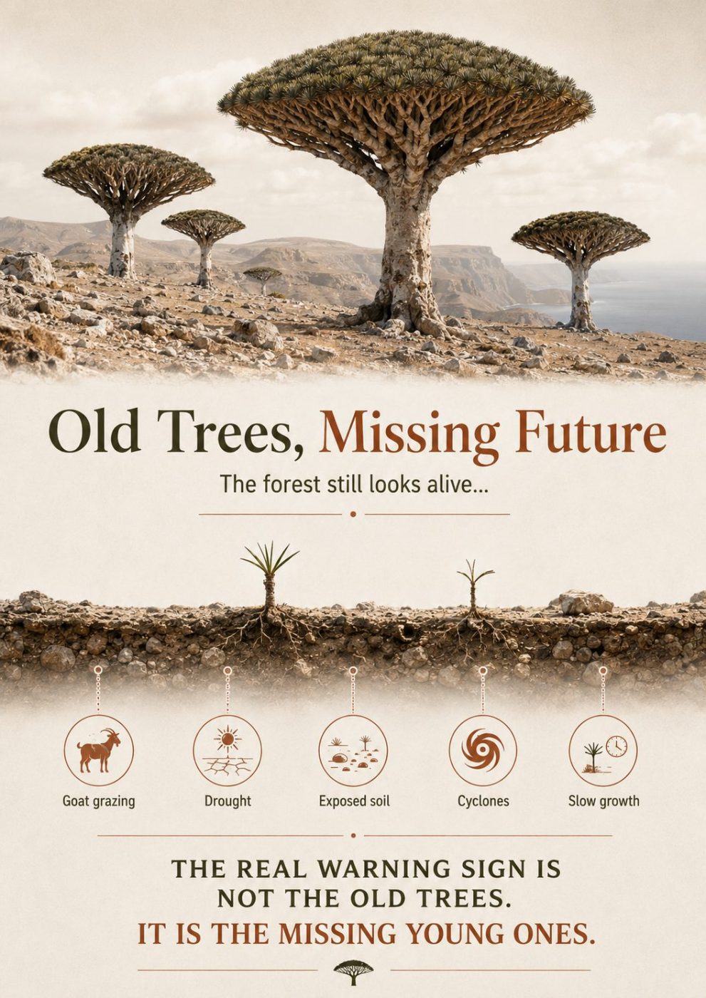 Old dragon blood trees on Socotra with few young seedlings and infographic icons showing threats to regeneration
