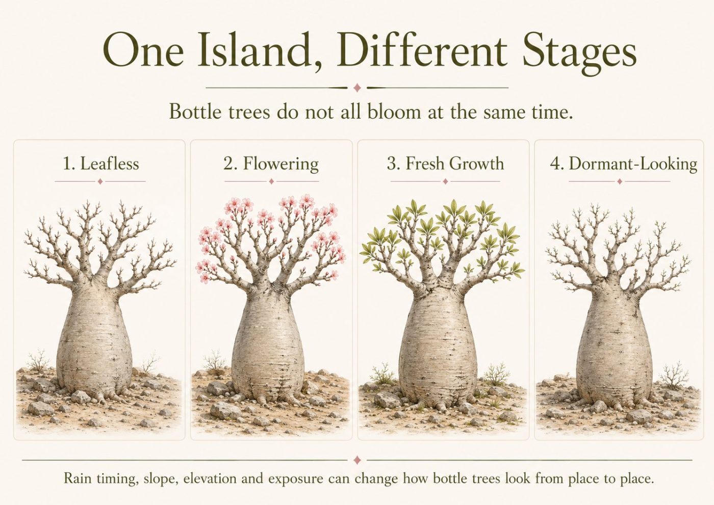 Infographic showing four stages of Socotra bottle trees: leafless, flowering, fresh growth and dormant-looking