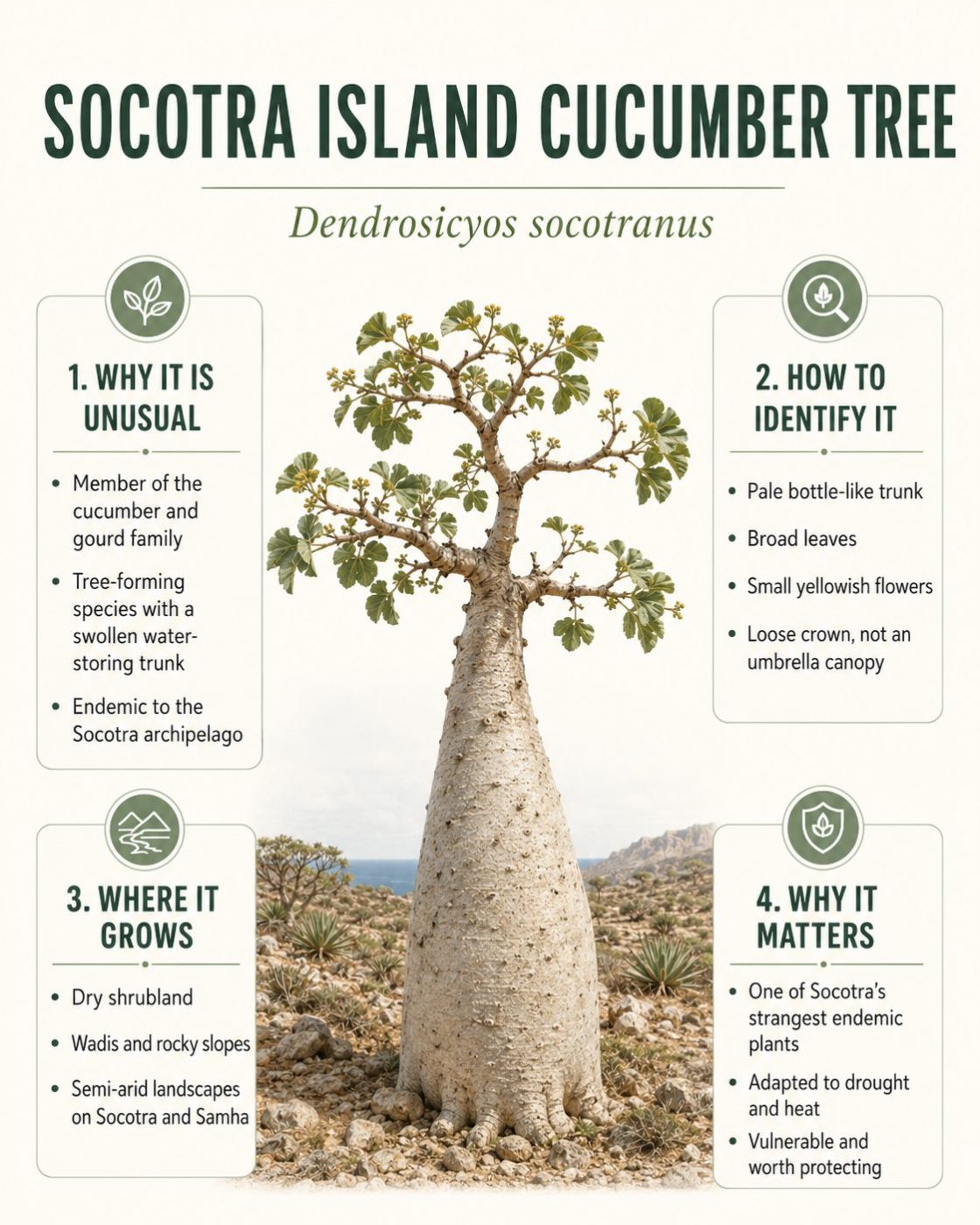 Socotra Island cucumber tree infographic showing why Dendrosicyos socotranus is unusual, how to identify it, where it grows and why it matters.