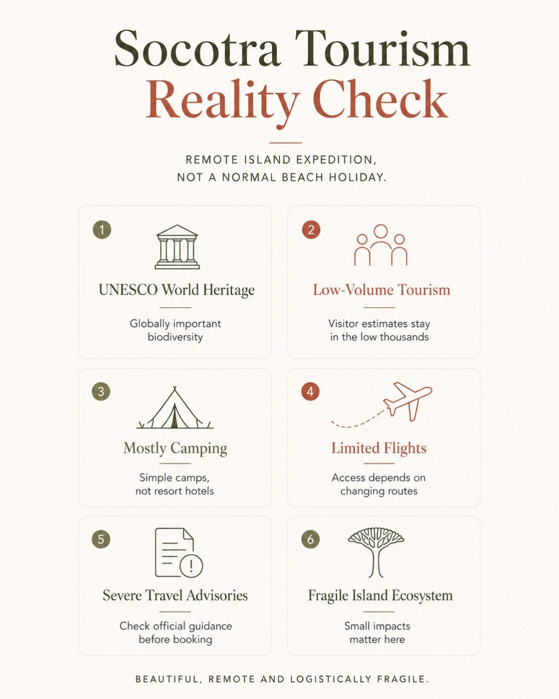 Minimalist infographic showing key realities of Socotra tourism including UNESCO status, low-volume tourism, camping, limited flights, travel advisories and fragile ecosystem