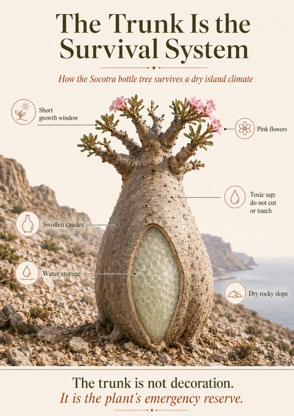 Infographic explaining how the Socotra bottle tree stores water in its swollen caudex and survives dry rocky slopes