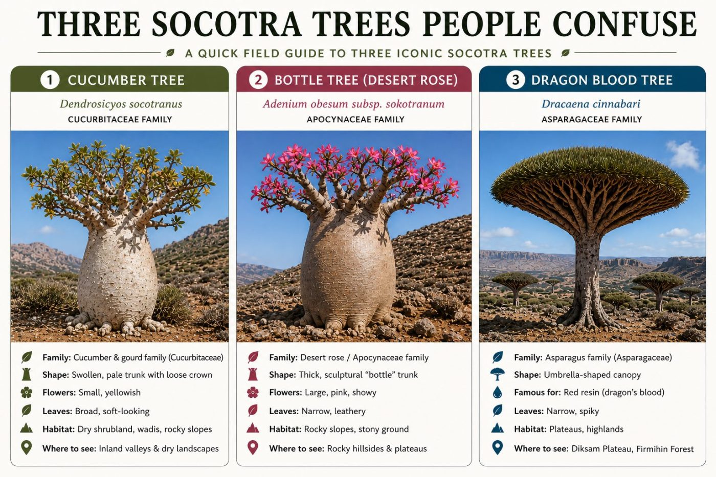 Comparison infographic showing the Socotra cucumber tree, Socotra bottle tree and Dragon Blood Tree with key differences in family, shape, flowers, leaves, habitat and where to see them.