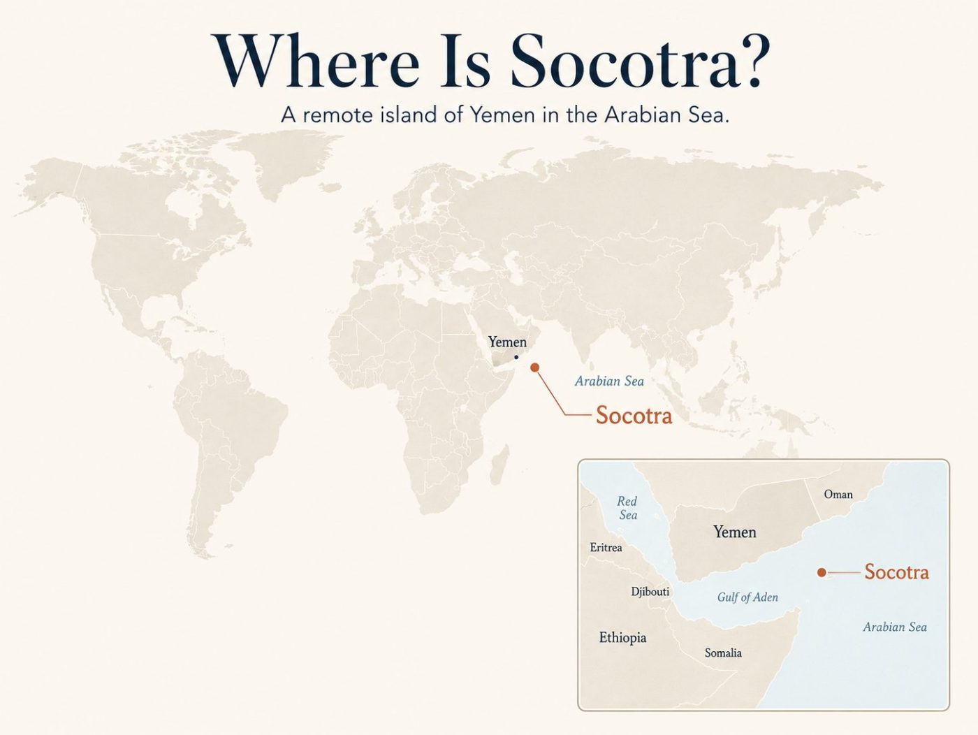 Minimalist world map showing Socotra Island in the Arabian Sea near Yemen