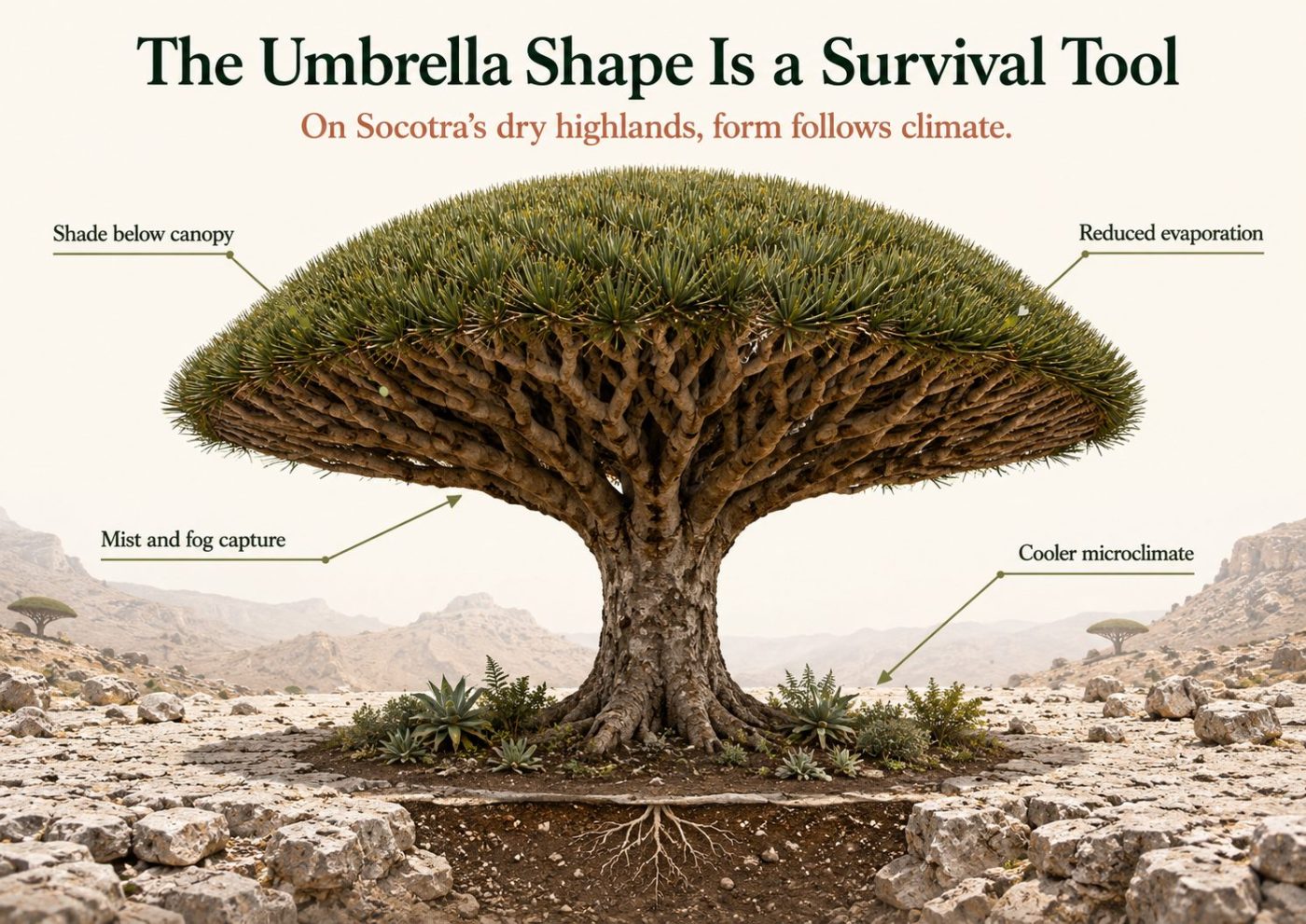 Infographic explaining how the umbrella-shaped crown of Socotra’s dragon blood tree creates shade, captures mist and reduces evaporation
